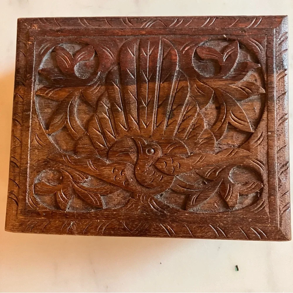Vintage Southeast Asia Carved Wooden Trinket Box w/ Peacock Design 4 1/2